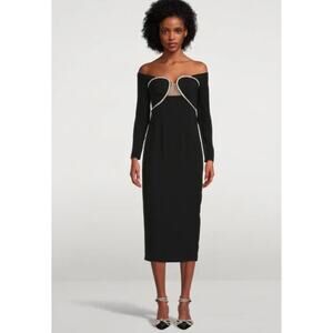 Self-Portrait Crystal Off Shoulder Heavy Midi Dress Black Sparkle Size 4 NEW